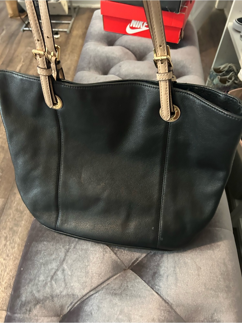 MICHAEL Michael Kors Black Tote with Beige Straps